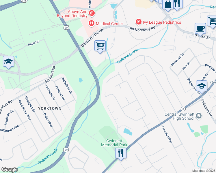 map of restaurants, bars, coffee shops, grocery stores, and more near 860 Cramac Drive in Lawrenceville