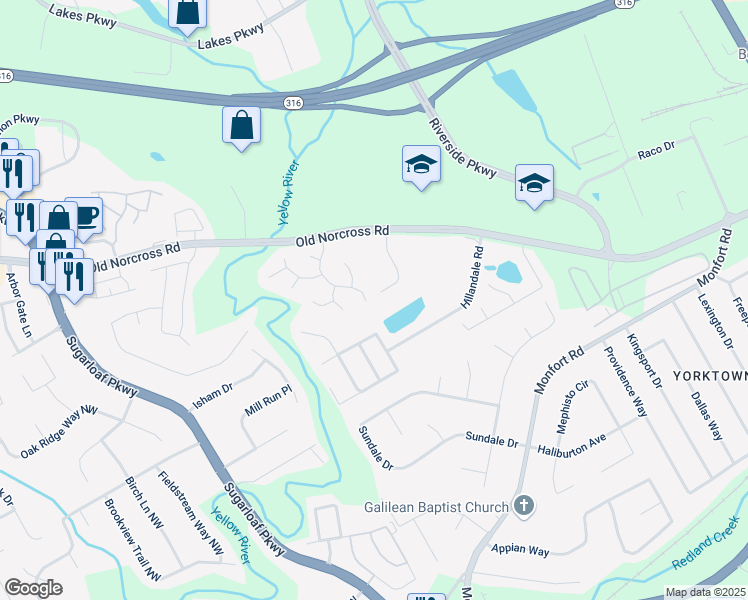 map of restaurants, bars, coffee shops, grocery stores, and more near 555 Burnham Ridge in Lawrenceville