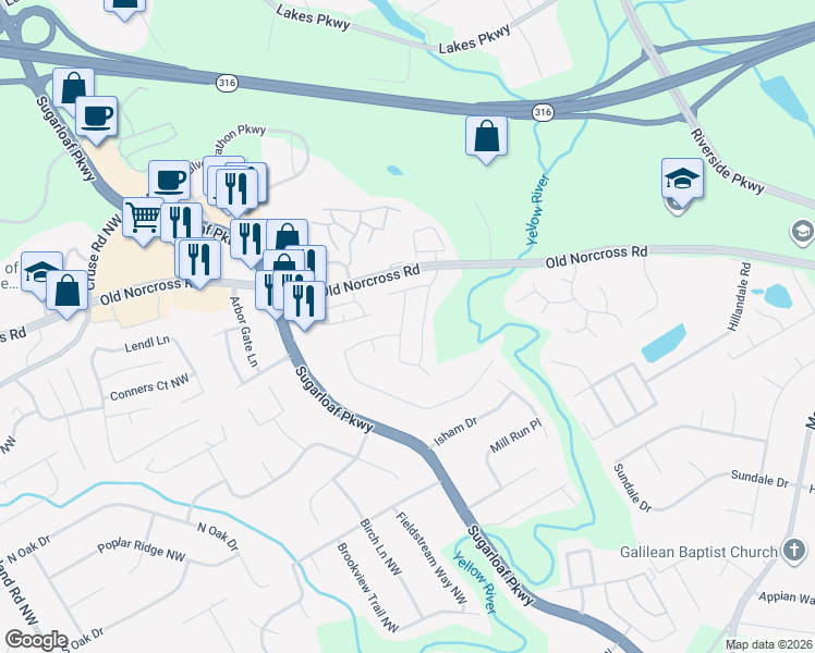 map of restaurants, bars, coffee shops, grocery stores, and more near 700 Winding River Drive in Lawrenceville