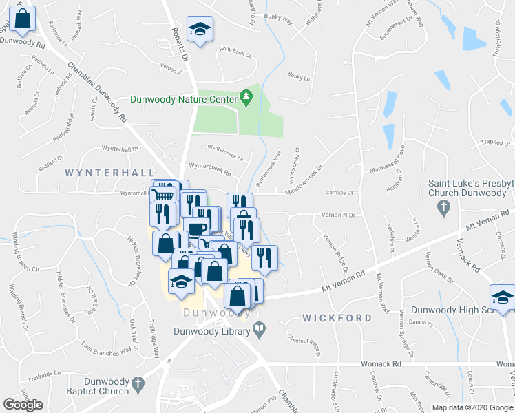 map of restaurants, bars, coffee shops, grocery stores, and more near 1415 Vernon Ridge Close in Dunwoody