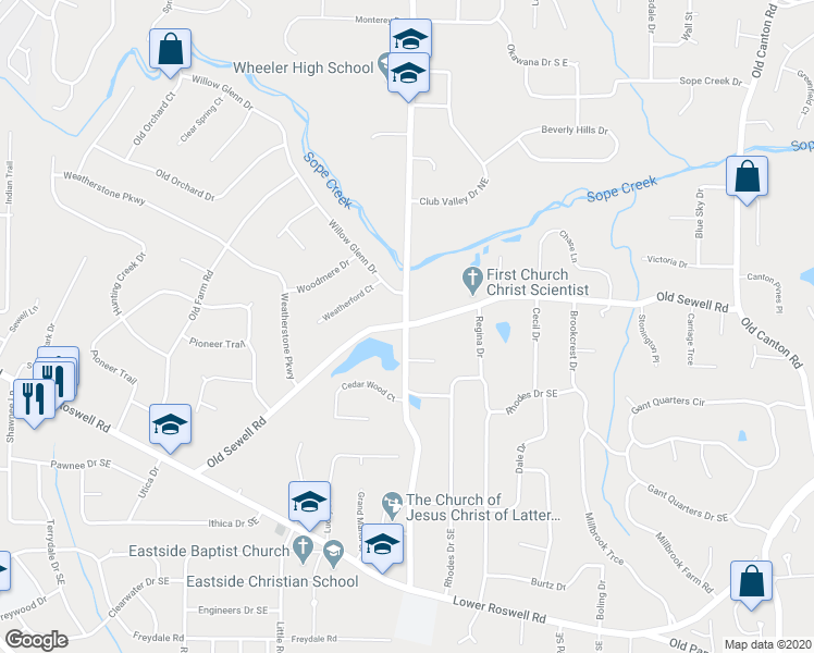 map of restaurants, bars, coffee shops, grocery stores, and more near 200 Holt Road Northeast in Marietta