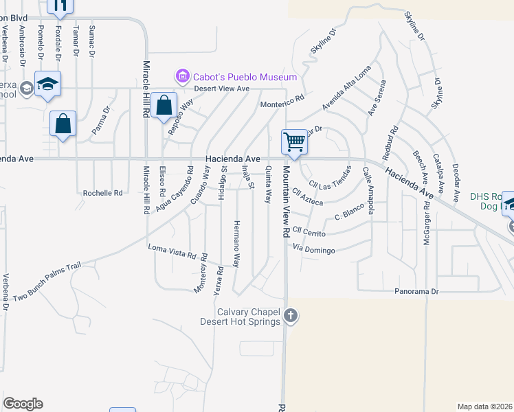 map of restaurants, bars, coffee shops, grocery stores, and more near 13378 Inaja Street in Desert Hot Springs