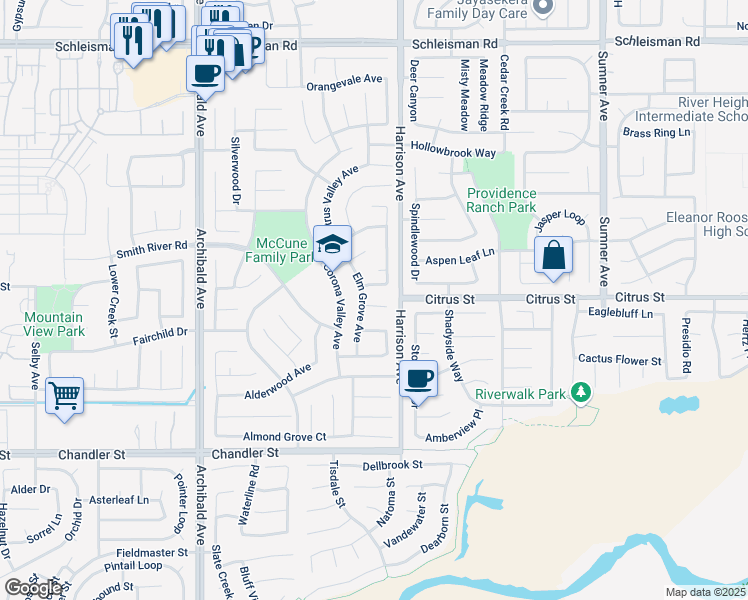 map of restaurants, bars, coffee shops, grocery stores, and more near 13856 Casablanca Court in Eastvale