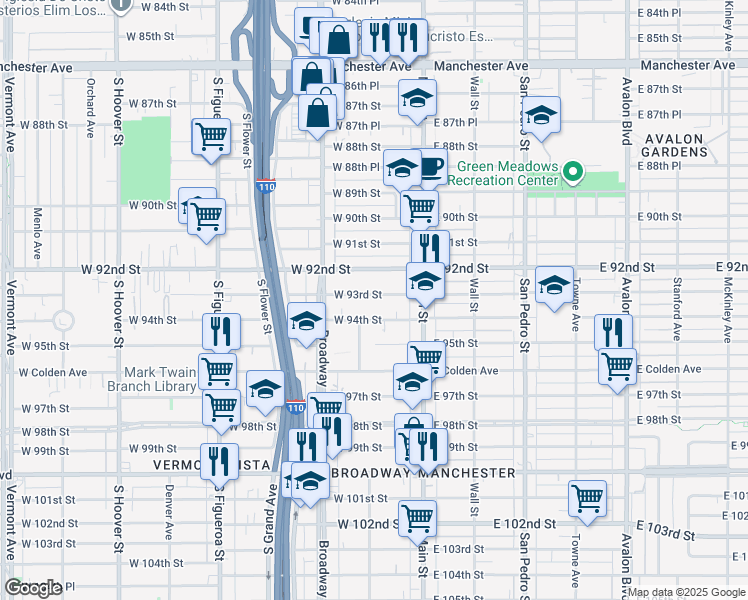 map of restaurants, bars, coffee shops, grocery stores, and more near 154 West 93rd Street in Los Angeles