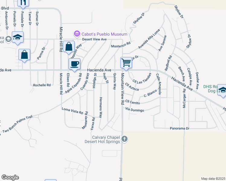 map of restaurants, bars, coffee shops, grocery stores, and more near 13361 Quinta Way in Desert Hot Springs