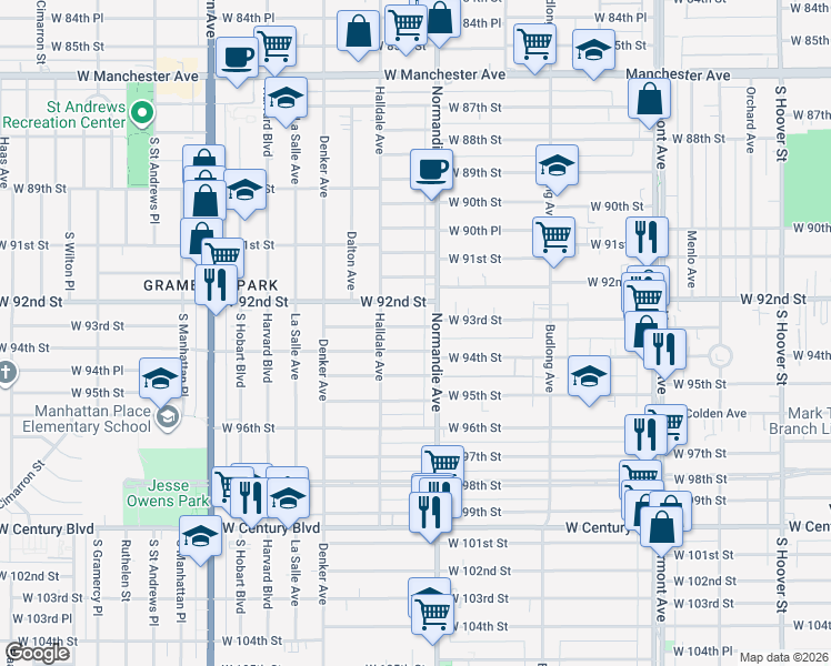 map of restaurants, bars, coffee shops, grocery stores, and more near 1418 West 93rd Street in Los Angeles