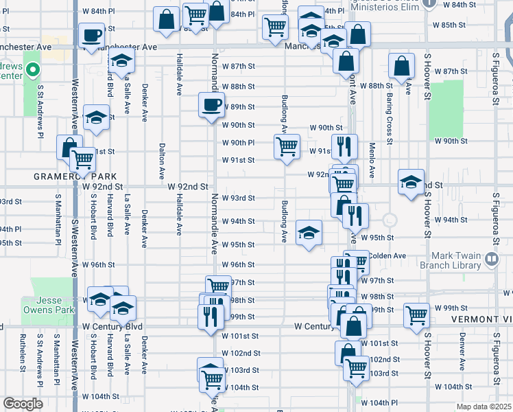 map of restaurants, bars, coffee shops, grocery stores, and more near 1236 1/2 West 93rd Street in Los Angeles