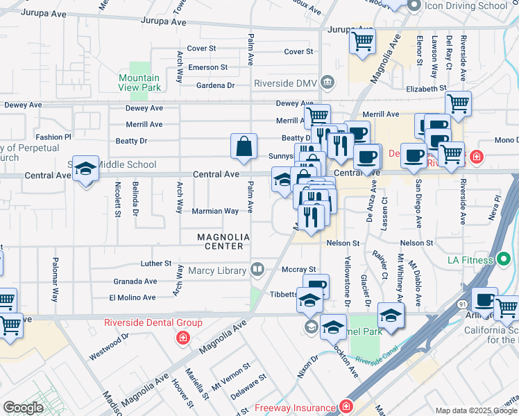 map of restaurants, bars, coffee shops, grocery stores, and more near 6676 Palm Avenue in Riverside