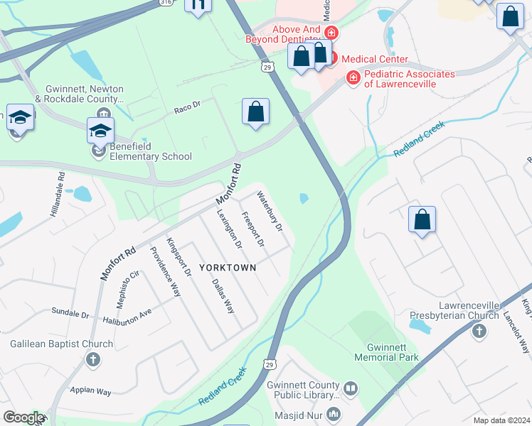 map of restaurants, bars, coffee shops, grocery stores, and more near 408 Waterbury Drive in Lawrenceville