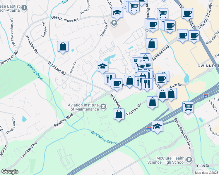 map of restaurants, bars, coffee shops, grocery stores, and more near 4025 Satellite Boulevard Northwest in Duluth