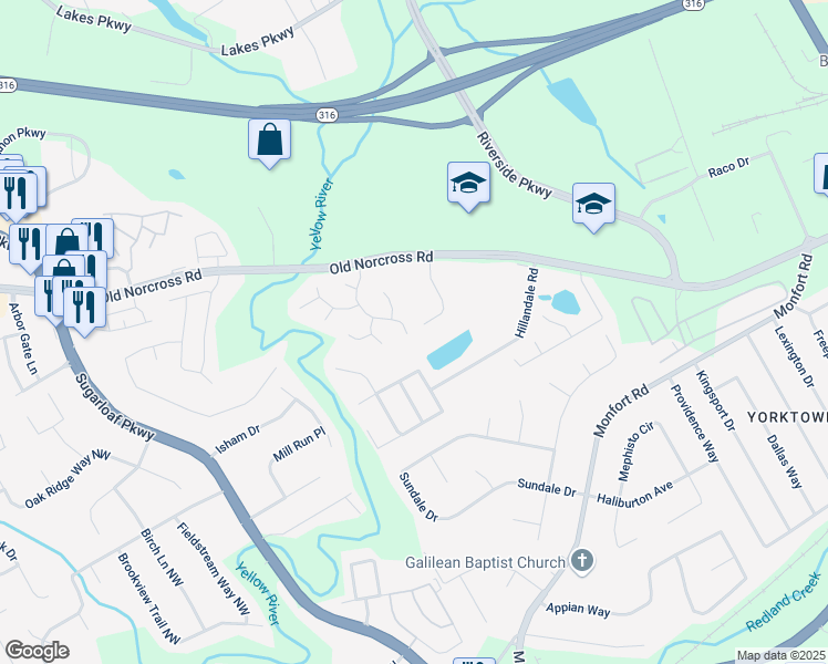 map of restaurants, bars, coffee shops, grocery stores, and more near 555 Burnham Ridge in Lawrenceville