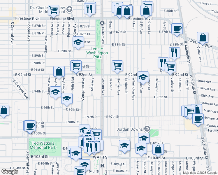 map of restaurants, bars, coffee shops, grocery stores, and more near 9323 Beach Street in Los Angeles