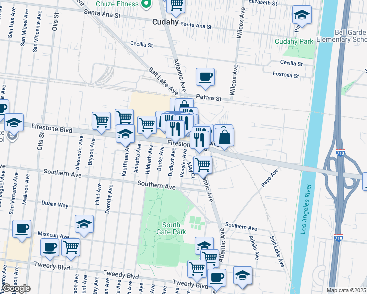 map of restaurants, bars, coffee shops, grocery stores, and more near 8940 May Court in South Gate