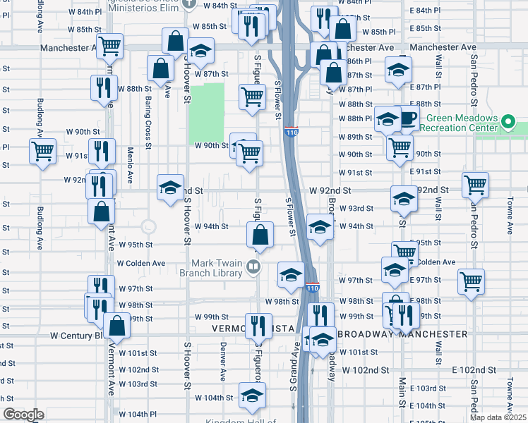 map of restaurants, bars, coffee shops, grocery stores, and more near 448 West 94th Street in Los Angeles