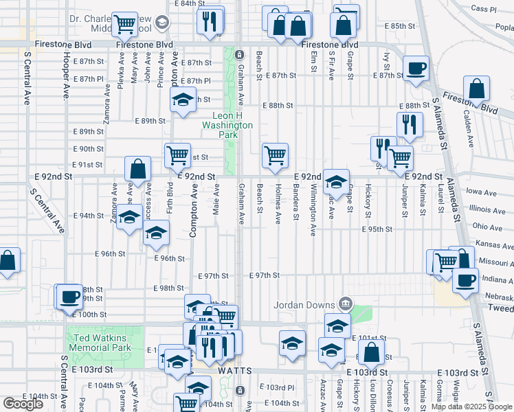 map of restaurants, bars, coffee shops, grocery stores, and more near 9323 Beach Street in Los Angeles