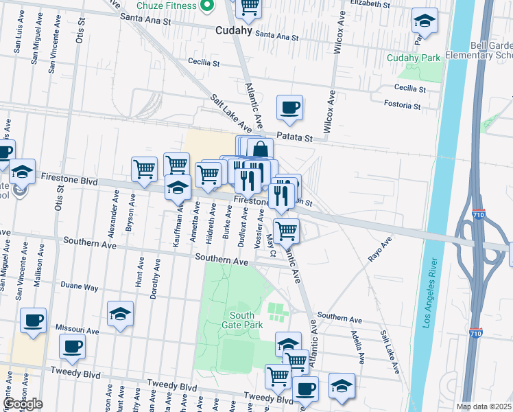 map of restaurants, bars, coffee shops, grocery stores, and more near 4753 Firestone Boulevard in South Gate