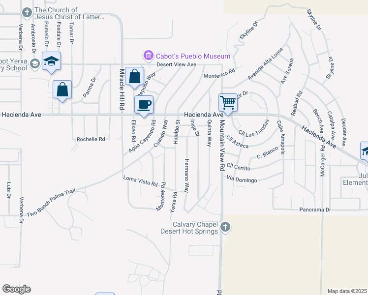 map of restaurants, bars, coffee shops, grocery stores, and more near Hermano Way in Desert Hot Springs