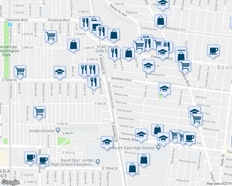 map of restaurants, bars, coffee shops, grocery stores, and more near 2437 Illinois Avenue in South Gate