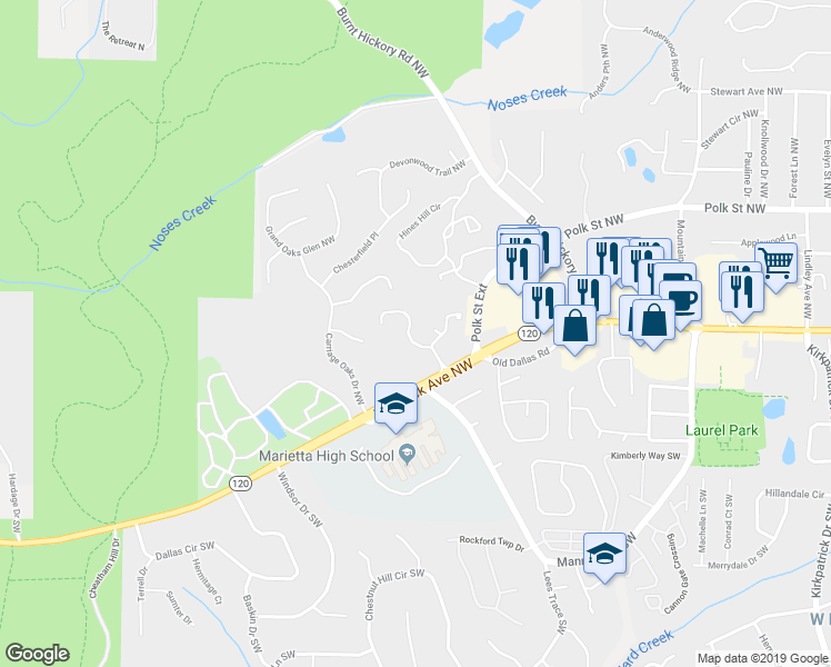 map of restaurants, bars, coffee shops, grocery stores, and more near 1225 Whitlock Ridge Drive in Marietta
