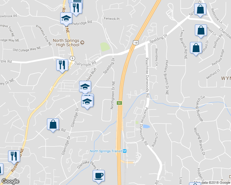 map of restaurants, bars, coffee shops, grocery stores, and more near 7205 Northgreen Drive Northeast in Atlanta
