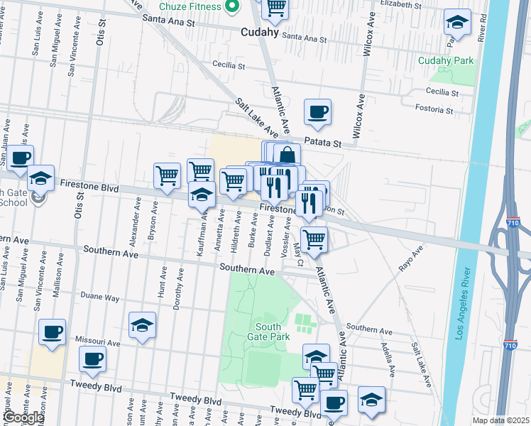 map of restaurants, bars, coffee shops, grocery stores, and more near 4753 Firestone Boulevard in South Gate