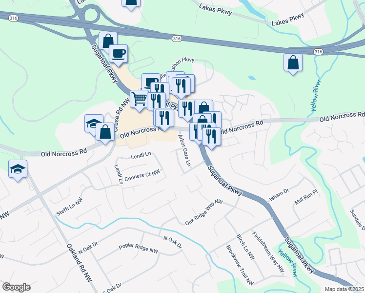 map of restaurants, bars, coffee shops, grocery stores, and more near 834 Arbor Gate Lane in Lawrenceville