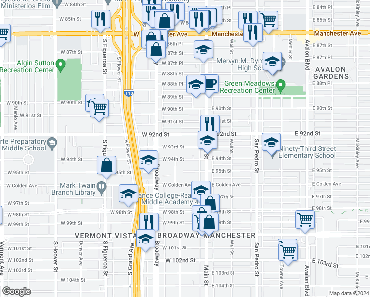 map of restaurants, bars, coffee shops, grocery stores, and more near 148 West 93rd Street in Los Angeles