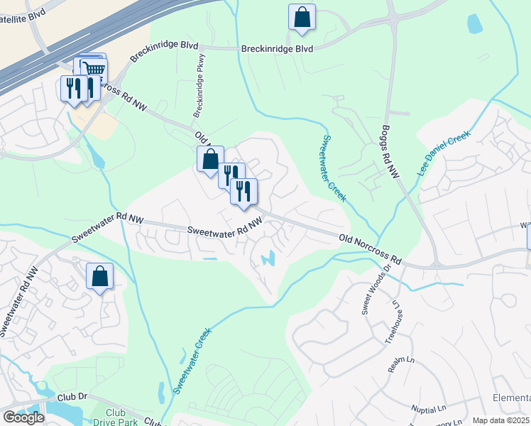 map of restaurants, bars, coffee shops, grocery stores, and more near Old Norcross Rd & Sweetwater Rd in Duluth