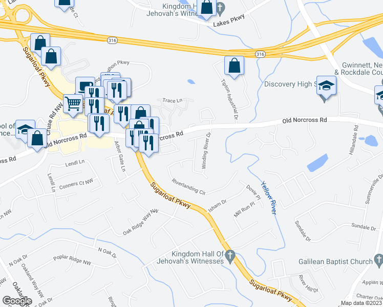 map of restaurants, bars, coffee shops, grocery stores, and more near 742 Riverlanding Drive in Lawrenceville