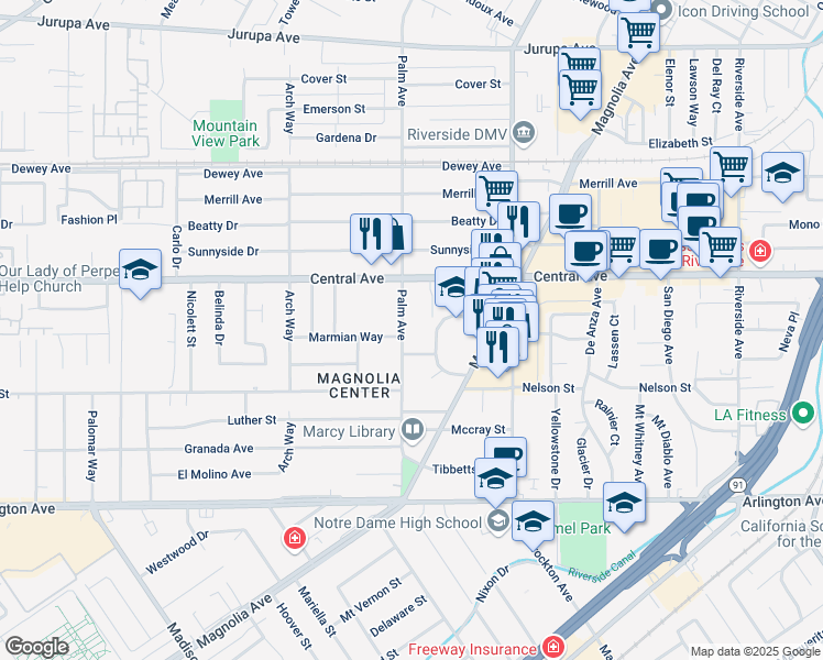 map of restaurants, bars, coffee shops, grocery stores, and more near 6650 Palm Avenue in Riverside