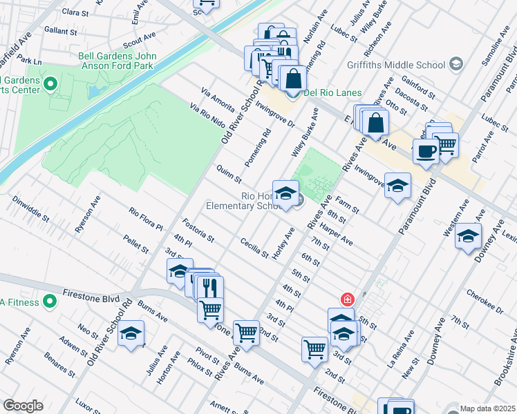 map of restaurants, bars, coffee shops, grocery stores, and more near 7530 Quinn Street in Downey