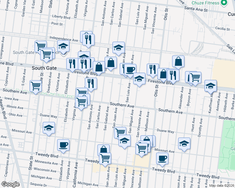 map of restaurants, bars, coffee shops, grocery stores, and more near 8946 San Juan Avenue in South Gate