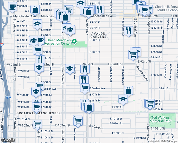 map of restaurants, bars, coffee shops, grocery stores, and more near 616 East 92nd Street in Los Angeles