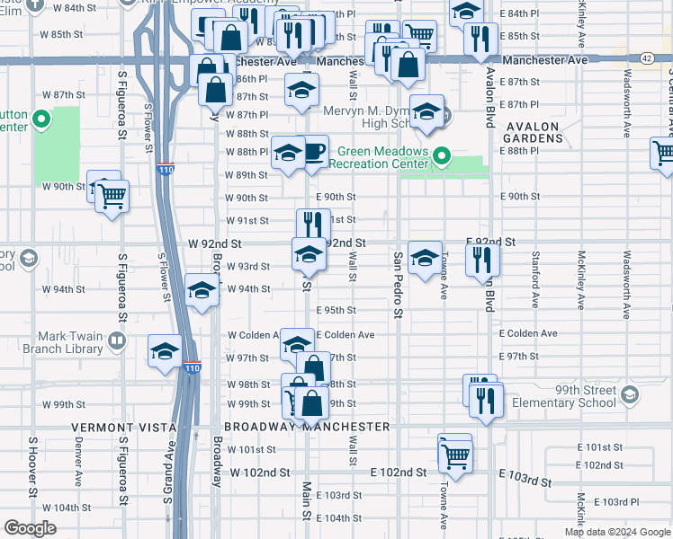 map of restaurants, bars, coffee shops, grocery stores, and more near 152 East 92nd Street in Los Angeles