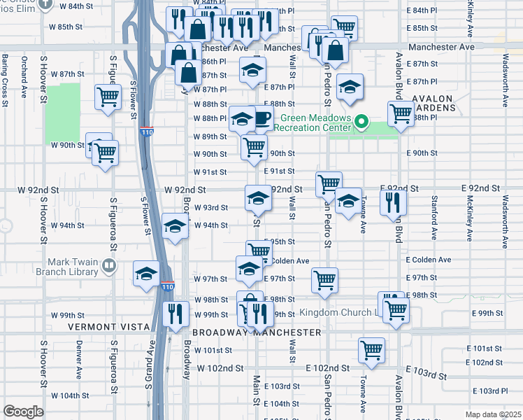 map of restaurants, bars, coffee shops, grocery stores, and more near 9210 South Main Street in Los Angeles