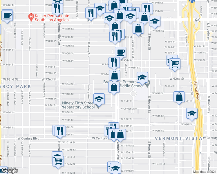 map of restaurants, bars, coffee shops, grocery stores, and more near 1031 West 93rd Street in Los Angeles