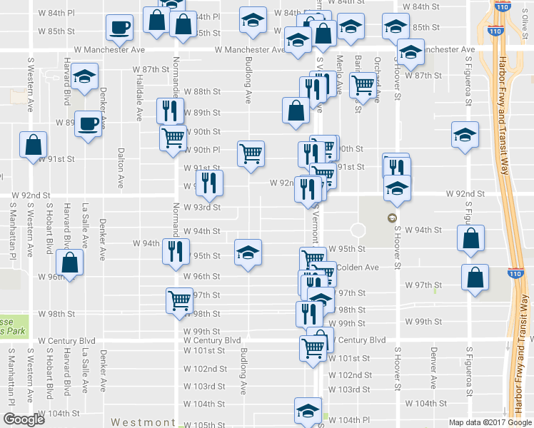 map of restaurants, bars, coffee shops, grocery stores, and more near 1115 3/4 West 93rd Street in Los Angeles