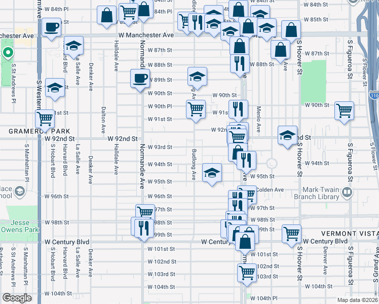 map of restaurants, bars, coffee shops, grocery stores, and more near 9223 Budlong Avenue in Los Angeles
