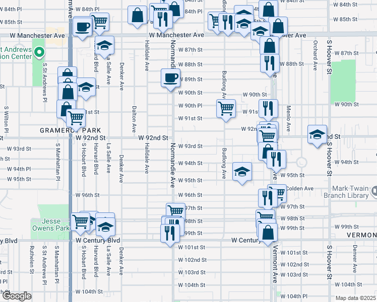 map of restaurants, bars, coffee shops, grocery stores, and more near 1321 West 93rd Street in Los Angeles