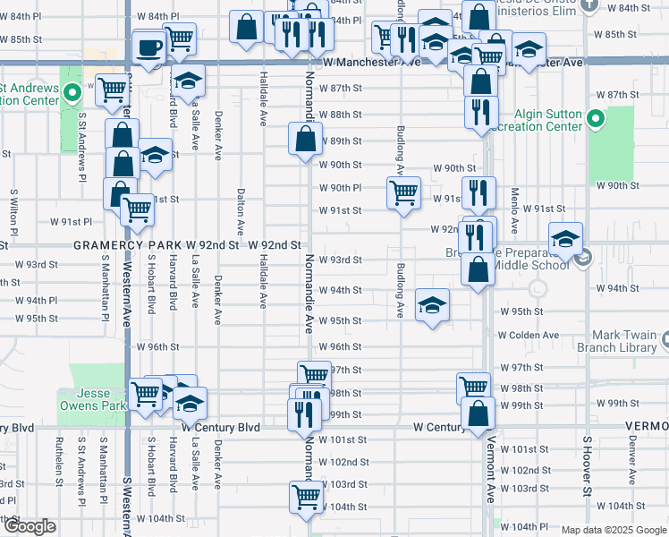 map of restaurants, bars, coffee shops, grocery stores, and more near 1321 West 93rd Street in Los Angeles