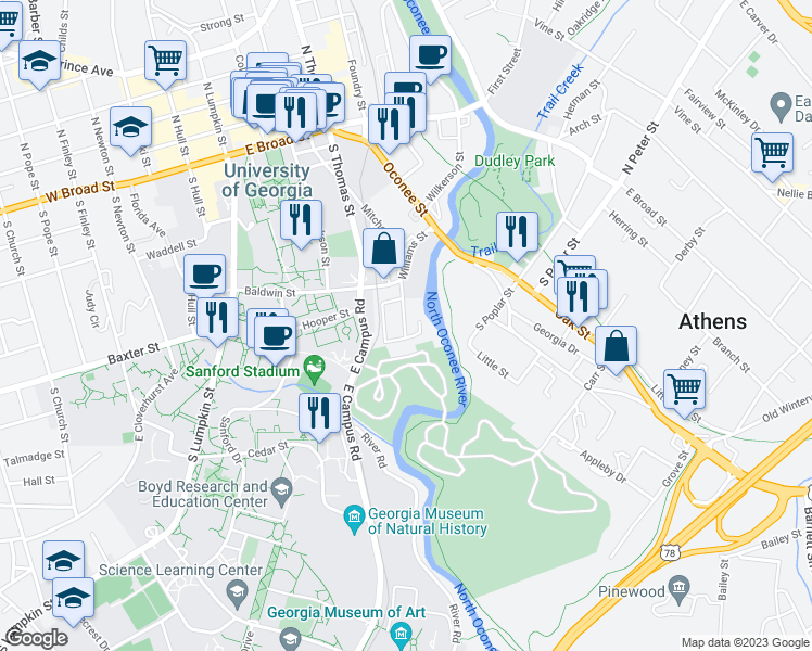 map of restaurants, bars, coffee shops, grocery stores, and more near 100 Stone Mill Run in Athens