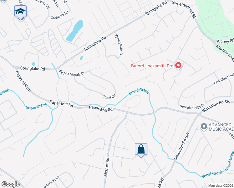 map of restaurants, bars, coffee shops, grocery stores, and more near 607 Shoal Circle in Lawrenceville