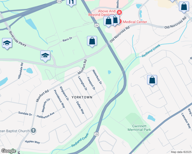 map of restaurants, bars, coffee shops, grocery stores, and more near 417 Waterbury Drive in Lawrenceville