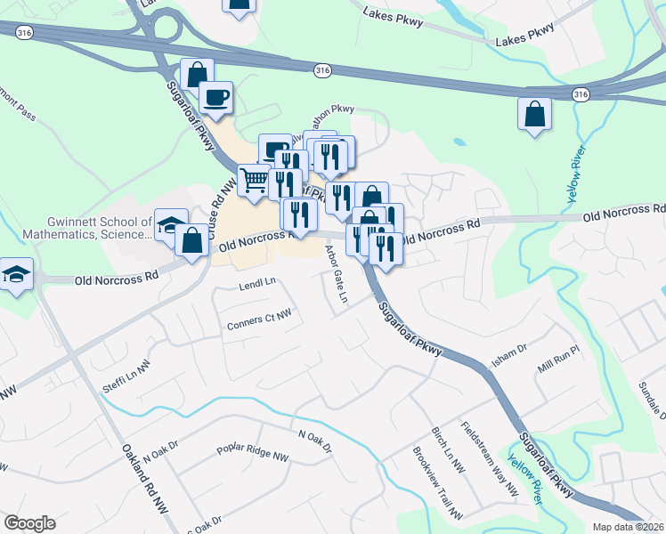 map of restaurants, bars, coffee shops, grocery stores, and more near 834 Arbor Gate Lane in Lawrenceville