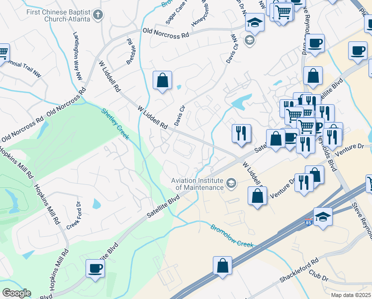 map of restaurants, bars, coffee shops, grocery stores, and more near 2229 West Liddell Road in Duluth