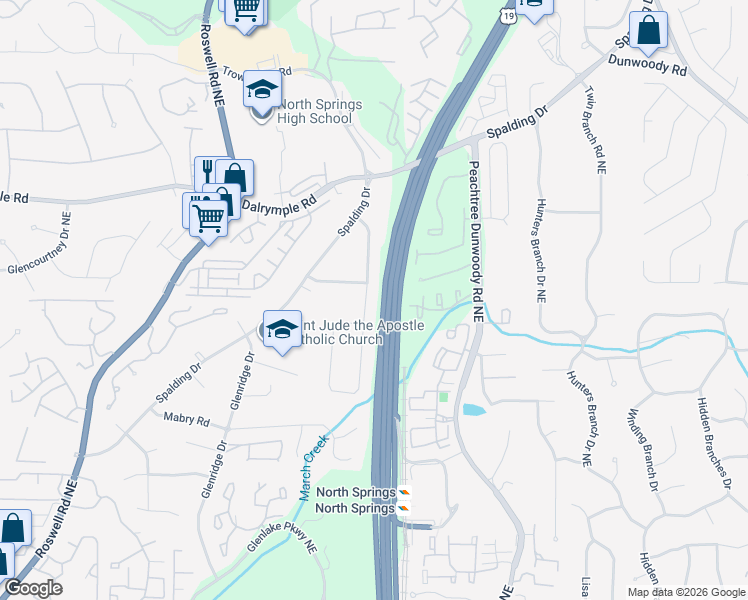 map of restaurants, bars, coffee shops, grocery stores, and more near 7205 Northgreen Drive Northeast in Atlanta