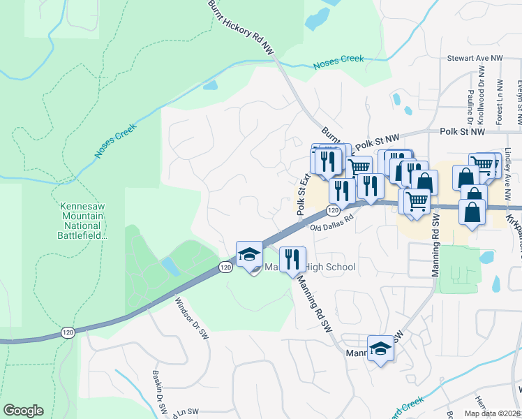map of restaurants, bars, coffee shops, grocery stores, and more near 1245 Whitlock Ridge Drive in Marietta
