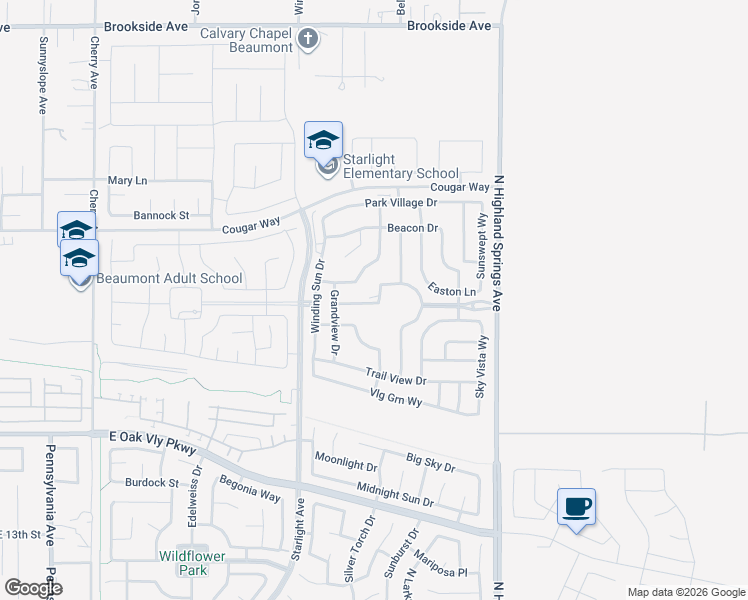 map of restaurants, bars, coffee shops, grocery stores, and more near 1553 Gardenview Trail in Beaumont