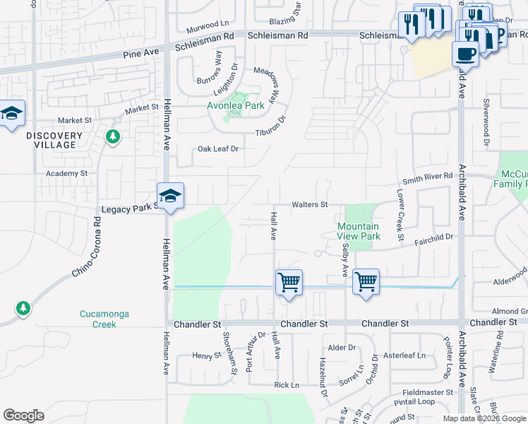 map of restaurants, bars, coffee shops, grocery stores, and more near 14702 Walters Street in Corona