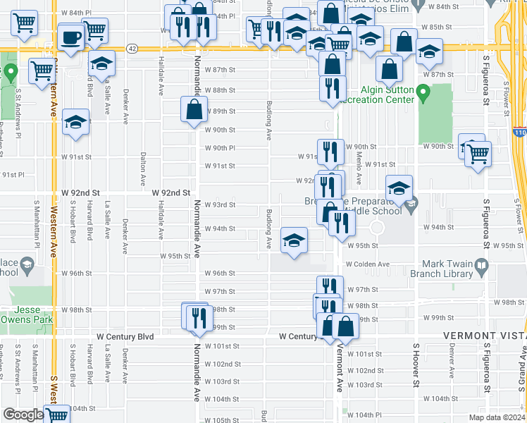 map of restaurants, bars, coffee shops, grocery stores, and more near 1/2 South Budlong Avenue in Los Angeles